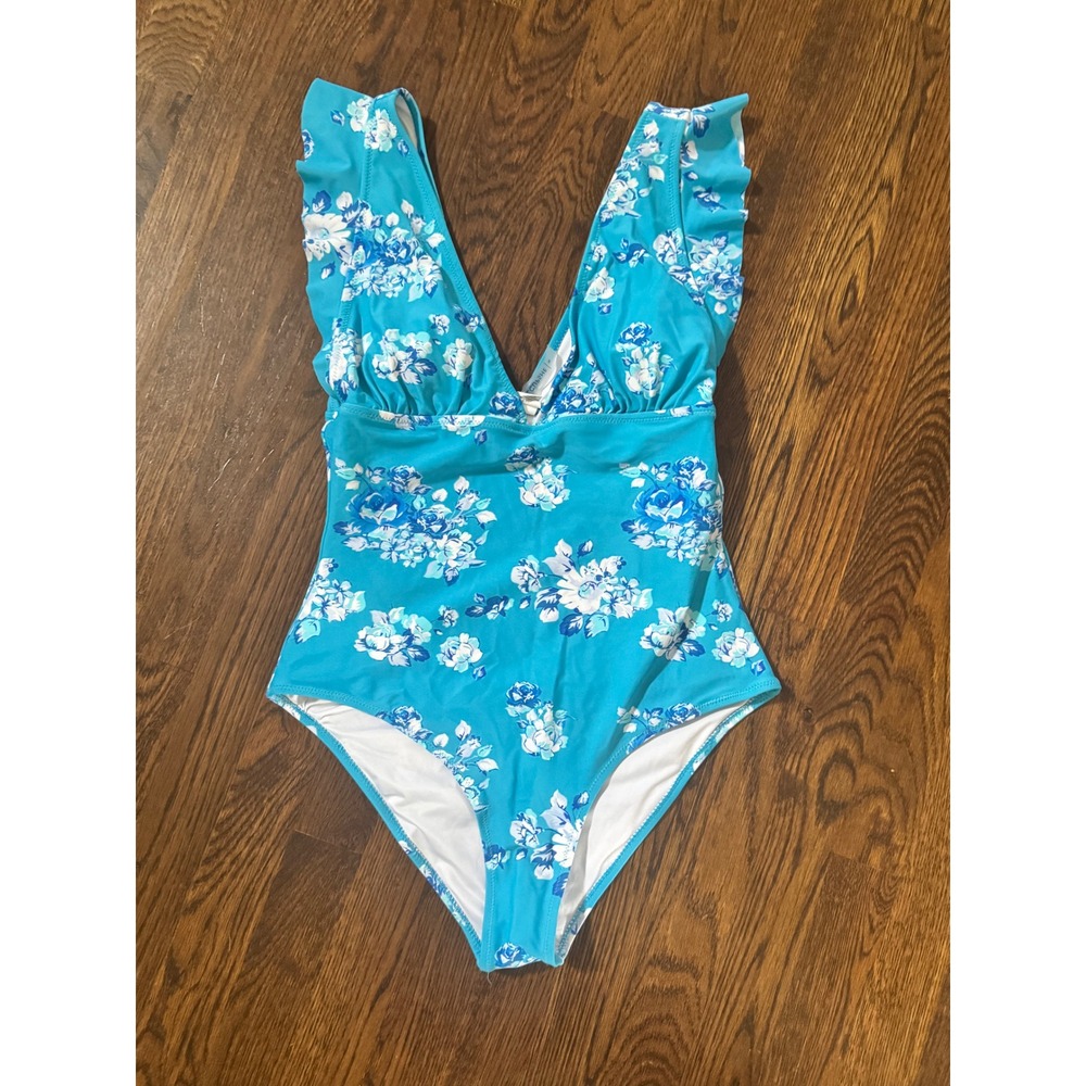 Cupshe Blue Floral Ruffle V-Neck One Piece Swimsuit OSC-912C Womens Medium - Picture 3 of 6